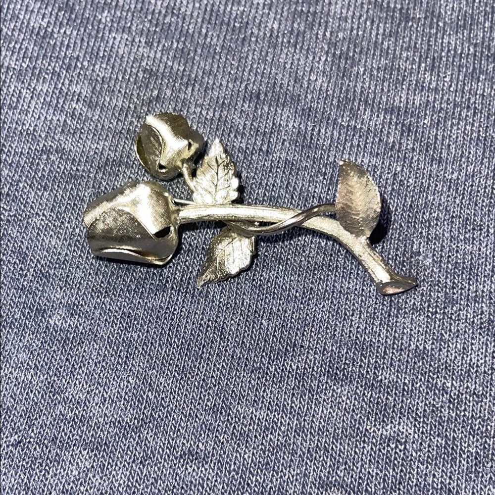 Vintage  Silver Tone Rose Brooch